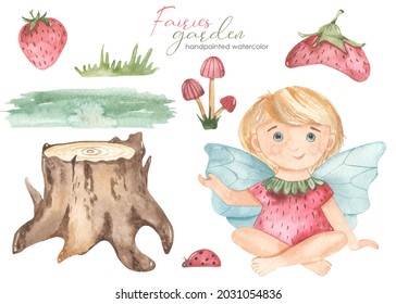 Garden Fairy Strawberry, Berry, Tree Stump, Ladybug, Mushrooms Watercolor Set 