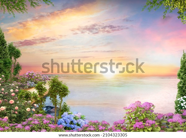 A garden with flowers by the lake, a beautiful garden, a bright sunset on the lake. Digital photo wallpaper ,3D image