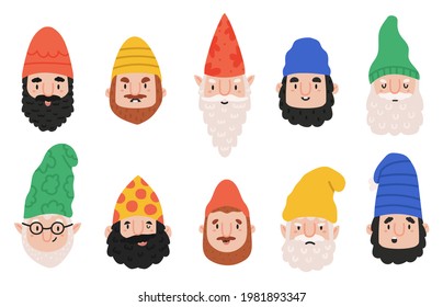 Garden Gnomes Emotions. Cute Dwarf Characters Avatar, Happy, Funny And Angry Gnome Faces. Dwarf Fairy Tale Emoji Mascots  Illustration Set. Magical Creatures Cartoon Stickers