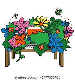 Garden Office: Computer Desk Enveloped by Vibrant Flora and Fluttering Butterflies