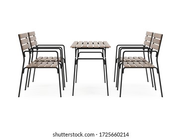 Garden, Outdoor Furniture Isolated On White Background. Wooden Dining Area. Clipping Path Included. 3D Rendering.