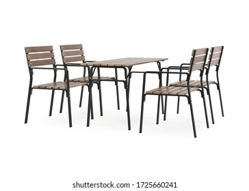 Garden, Outdoor Furniture Isolated On White Background. Wooden Dining Area. Clipping Path Included. 3D Rendering.