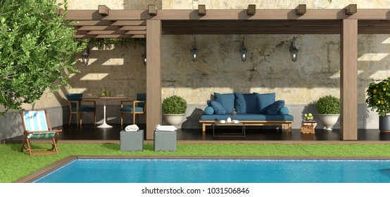 Garden with pergola , pool and furniture - 3d rendering