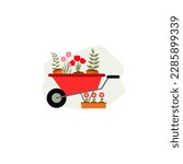 Garden red wheelbarrow with plants in brown pots with flowers. Vector illustration, garden tools, planting plants, garden decoration.