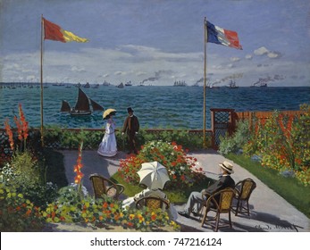 Garden at Sainte-Adresse, by Claude Monet, 1867, French impressionist painting, oil on canvas. This was painted as Monet was breaking away from the influence of Manet and developing his dappled paint