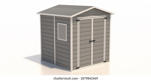 Garden Shed Isolated On White Background. Gray Color Prefab Gardening Tools Storage Shed In The House Backyard. 3d Illustration