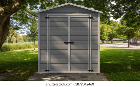 Garden Shed On Nature Green Background. Gray Color Gardening Tools Storage Shed In The House Backyard. 3d Illustration