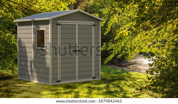 Garden shed\
on nature green background. Gray color gardening tools storage shed\
in the house backyard. 3d\
illustration