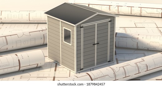 Garden Shed On Project Blueprint Background. Gray Color Prefab Gardening Tools Storage Shed In The House Backyard. 3d Illustration