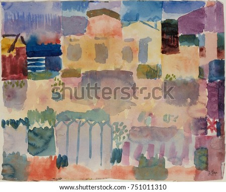 GARDEN IN ST. GERMAIN, EUROPEAN QUARTER NEAR TUNIS, by Paul Klee, 1914, Swiss watercolor painting. This work was painted after Klees visit to Tunisia