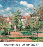 The Garden in the sun, Pontoise (1876) by Camille Pissarro. Vintage garden and nature art drawing, old illustration, nature art print. Vintage artwork by Camille Pissarro.