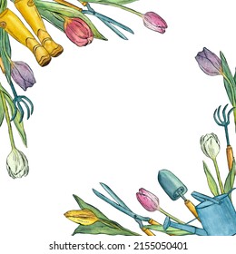 Garden Tool Kit, Watering Can, Rubber Boots And And Tulips. Watercolor Illustration For The Design Of Cards, Banners, Wreaths