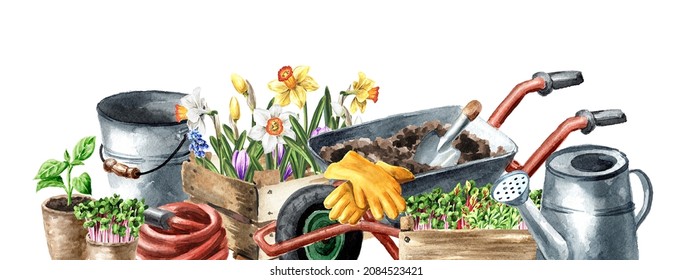 Garden Tools, Garden Center Concept, Hand Drawn Watercolor Illustration, Isolated On White Background