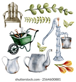 Garden tools, plants, and decorative elements create a charming retro watercolor pattern perfect for textiles.
