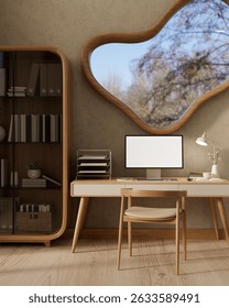 Garden view irregular shape window in a living room or bedroom wall over computer table with armchair on wooden floor. 3D rendering, 3D Illustration.