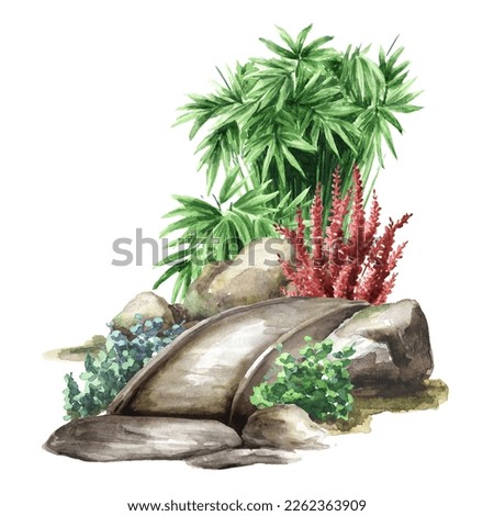 Garden walking path, small bridge, Landscape design. Hand drawn watercolor illustration,  isolated on  white background
