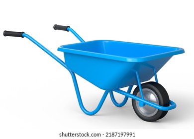 Garden wheelbarrow isolated on white background. Handcart with wheel. 3d render of farm gardening tool for carriage of cargoes.