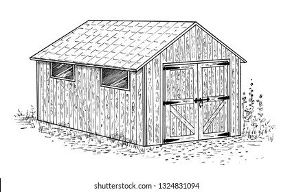 Garden Wooden Shed - Old Style, Rustic, Vintage Country Building. Hand Drawn Illustration On White Background.