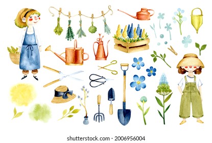 Gardener Girl Character And Farmer Girl Character With Garden Tools Set. Watercolor Elements Collection
