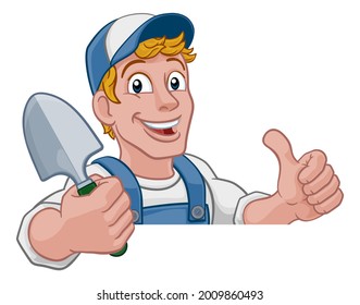 A gardener, handyman or farmer cartoon caretaker contractor man holding a garden spade tool. Peeking over a sign and giving a thumbs up - Powered by Shutterstock