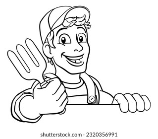 A gardener, handyman or farmer cartoon caretaker contractor man holding a garden fork tool. Peeking over a sign - Powered by Shutterstock