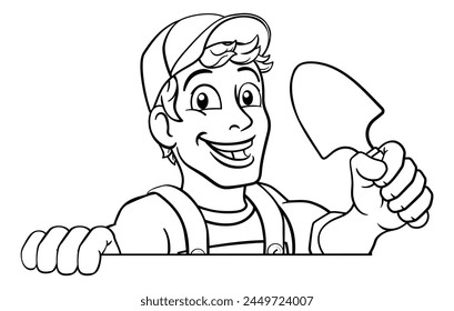 A gardener, handyman or farmer cartoon caretaker contractor man holding a garden spade tool. Peeking over a sign. - Powered by Shutterstock