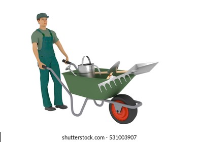 Gardener with wheelbarrow and tools, 3d illustration