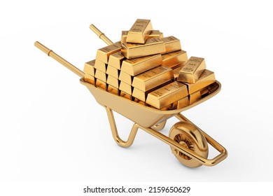 Gardening and Construction Gold Wheelbarrow Full of Golden Bars for on a white background. 3d Rendering 