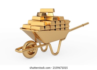 Gardening and Construction Gold Wheelbarrow Full of Golden Bars for on a white background. 3d Rendering 