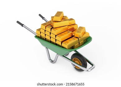 Gardening and Construction Green Wheelbarrow Full of Golden Bars for on a white background. 3d Rendering 