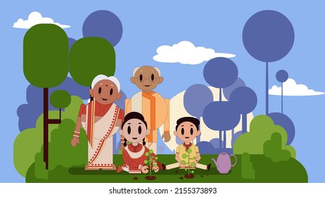 Gardening Family Happy Grand Parents Family Get-together Plantation   