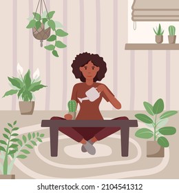 Gardening At Home Concept With Woman Watering Indoor Plants. Urban Jungle, Urban Garden, Home Garden And Cozy Home. Flat Illustration.