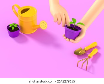 Gardening Home. Girl Replanting Green Plant In Home Garden. Indoor Garden, Room With Plants Banner Potted Green Plants At Home, Home Jungle, Garden Room Gardening, Plant Room. 3D Render
