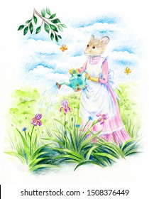 Gardening. A mouse in Victorian clothes pours its irises from a watering can in the garden. Cloudy sky on a background. The symbol of the New Year 2020. Year of the rat.