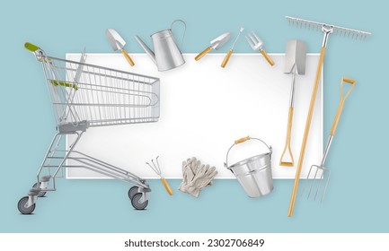 Gardening tools. Garden set equipment with shopping cart. Ticket card for florist shop or greenhouse. Template with copy space for online web store or advertising banner - Powered by Shutterstock