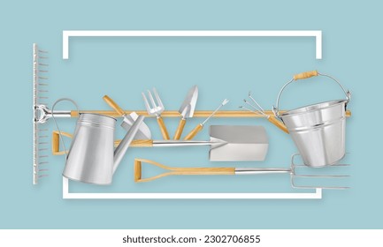 Gardening tools. Garden vintage set equipment. Ticket card for florist shop or greenhouse. Top view and copy space for template, online shopping or advertising banner - Powered by Shutterstock