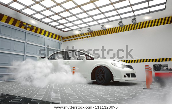 Garege interior with\
white car and smoke effect on room white wall and tiles floor\
design. 3D\
rendering