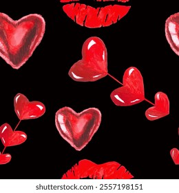 garland of hearts and red balls valentine's day seamless pattern watercolor illustration isolated on black background base for tableware design textile printing - Powered by Shutterstock