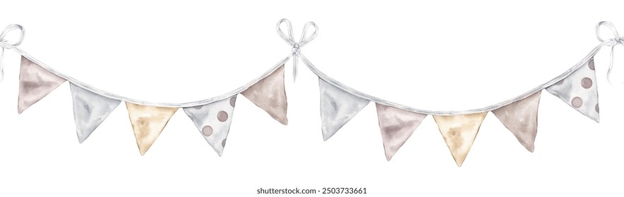 Garland seamless border in pastel colors and polka dot for Happy Birthday greeting cards or holiday invitations. Watercolor illustration with triangle pennant. Pattern with bunting for banner. - Powered by Shutterstock