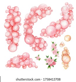 garlands of pink balloons and flowers for the holiday, children, print cards, invitations, baby shower