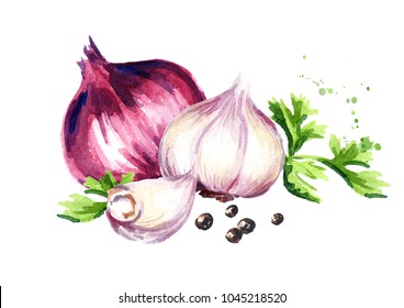 Garlic, Onion, Peppercorn And Parsley. Hand Drawn Watercolor Illustration, Isolated On White Background