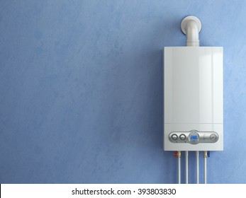 Gas Boiler On Blue Background. Gas Boiler Home Heating. 3d