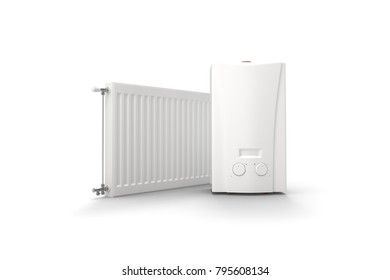 Gas boiler and radiator on white background. 3D rendering.