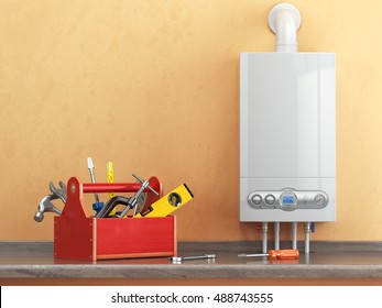 Gas boiler servicing or repearing concept. Toolbox with tools on the kitchen. 3d illustration - Powered by Shutterstock