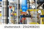 Gas boiler system pipes. Industrial equipment. Pipeline pressure meters. Gas pipes in factory building. Pipeline inside boiler room or basement. Oil and gas equipment. Selective focus. 3d image