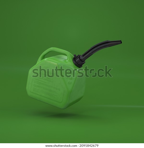 Gas can green floating in the air on a green\
background, 3d\
render