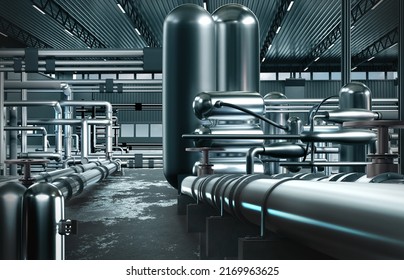 Gas Compressor Station. Distribution System Pipes. Hangar With Steel Pipelines. Processing Gas Into Propane Concept. Industrial Building With Metal Boilers. Propane And Methane Production. 3d Image.