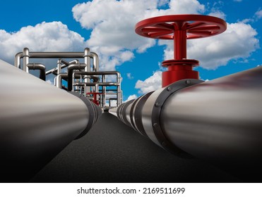 Gas Distribution Center. Steel Pipes Next To Compressor Station. Metal Pipe With Red Valve Close-up. Gas Pipeline In Open Air. Gas Compressor Station. Propane And Methane Processing. 3d Image.