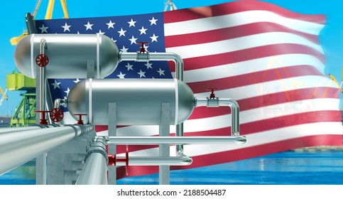 Gas Equipment In Front American Flag. Oil And Gas Marine Terminal. US Fuel Industry. Equipment For Loading Propane Onto Ships. Supplies Liquefied Natural Gas From US. Steel Pipes In US Port. 3d Image