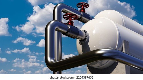 Gas Equipment. Steel Pipes With Red Valves. Methane Storage Tanks Under Blue Sky. Concept Of Filling Oil And Gas Storages. White Tanks For Storing Propane. Gas Main On Concrete Supports. 3d Image.